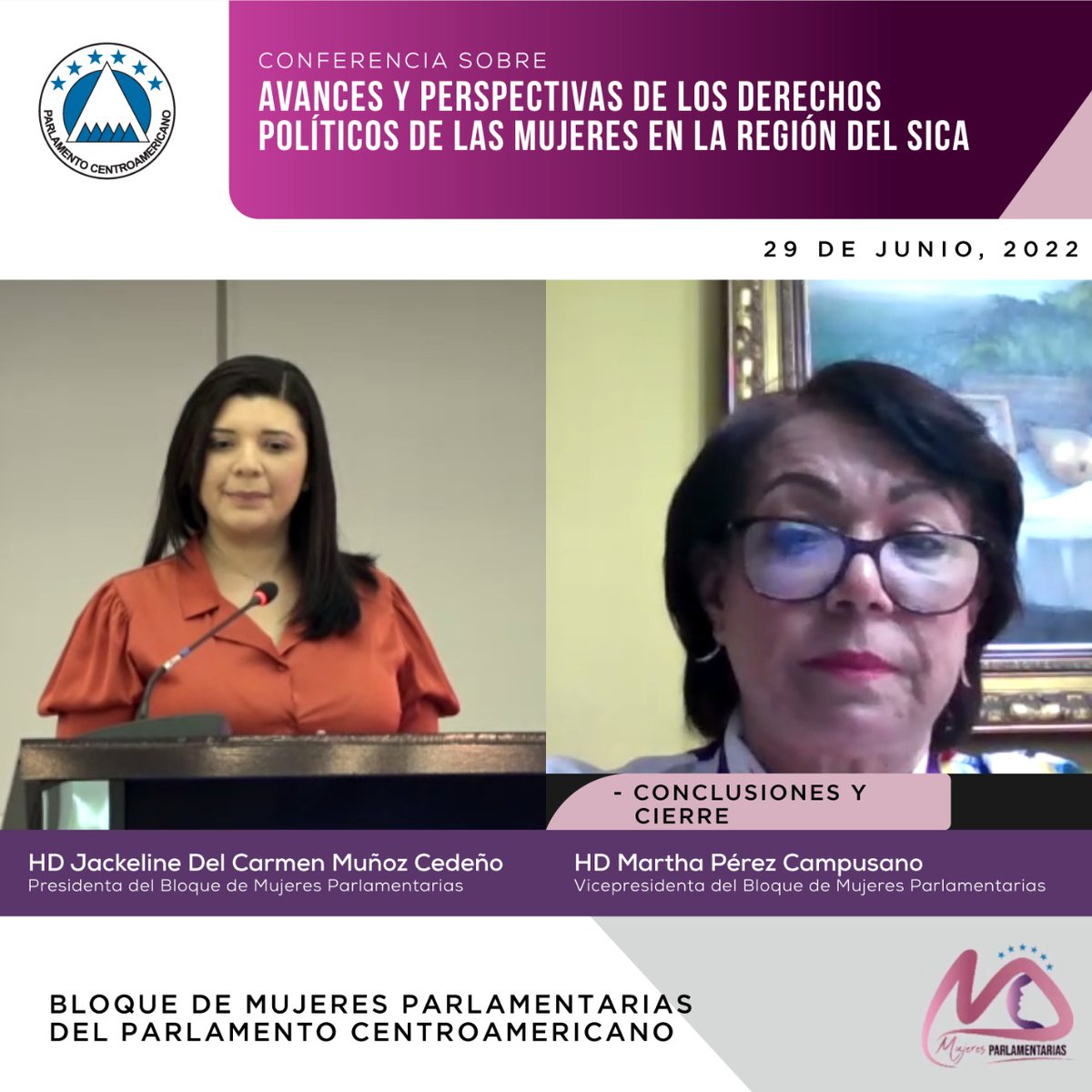PARLACEN's tweet photo. 2da jornada de Conferencia sobre Avances y Perspectivas de Derechos Políticos de las Mujeres en Región del SICA, organizada por Bloque de Mujeres Parlamentarias @PARLACEN concluyó con llamado a fortalecer sinergias institucionales para participación política de las mujeres https://t.co/vgP0dHjE3U