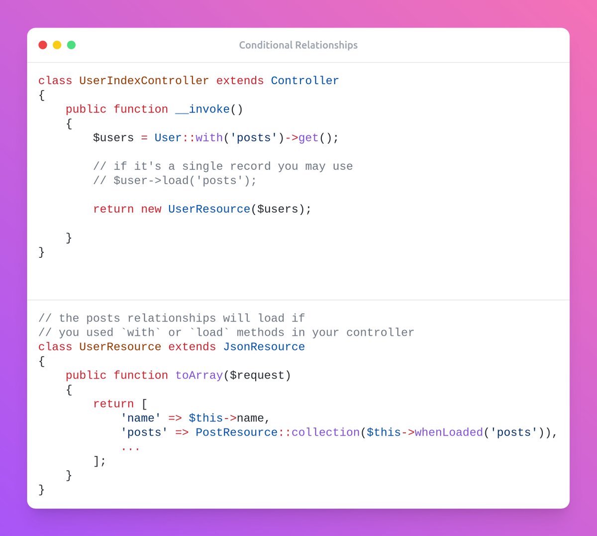 sky_0xs's tweet photo. #Laravel Tip:

If you want to conditionally include relationships on your resource responses based on if the relationship has already been loaded on the model. You may use `whenLoaded` method to achieve that, in order to avoid unnecessarily loading relations.

Here is an example: https://t.co/LQvRCOb4WJ