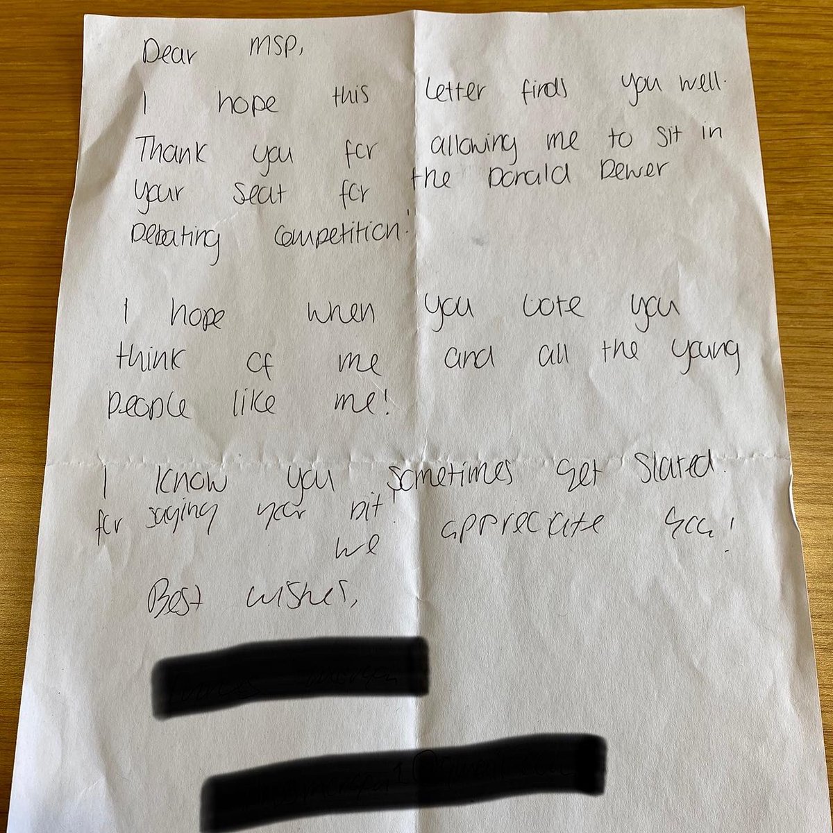 Found this letter in one of the drawers in the desks in the @ScotParl Chamber.❤️ In our diversity, and with our different perspectives, together let’s makes Scotland better.🏴󠁧󠁢󠁳󠁣󠁴󠁿 #youngpeople #brightfuture #democracy #respectfuldialogue #weareScotland