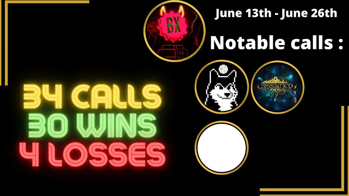 #BXgang 
<a href="/baxterpass/">BAXTER</a> Last week made over 34 Calls with a win ratio 88% Some of the Best calls included <a href="/MoonrunnersNFT/">Moonrunners</a> <a href="/itsnothing_nft/">It's nothing</a> &amp; <a href="/Gossamer_world/">Gossamer</a>.
The Community is a vibe and there are a bunch of giveaways and other cool stuff... If you're interested definitely join in 👀