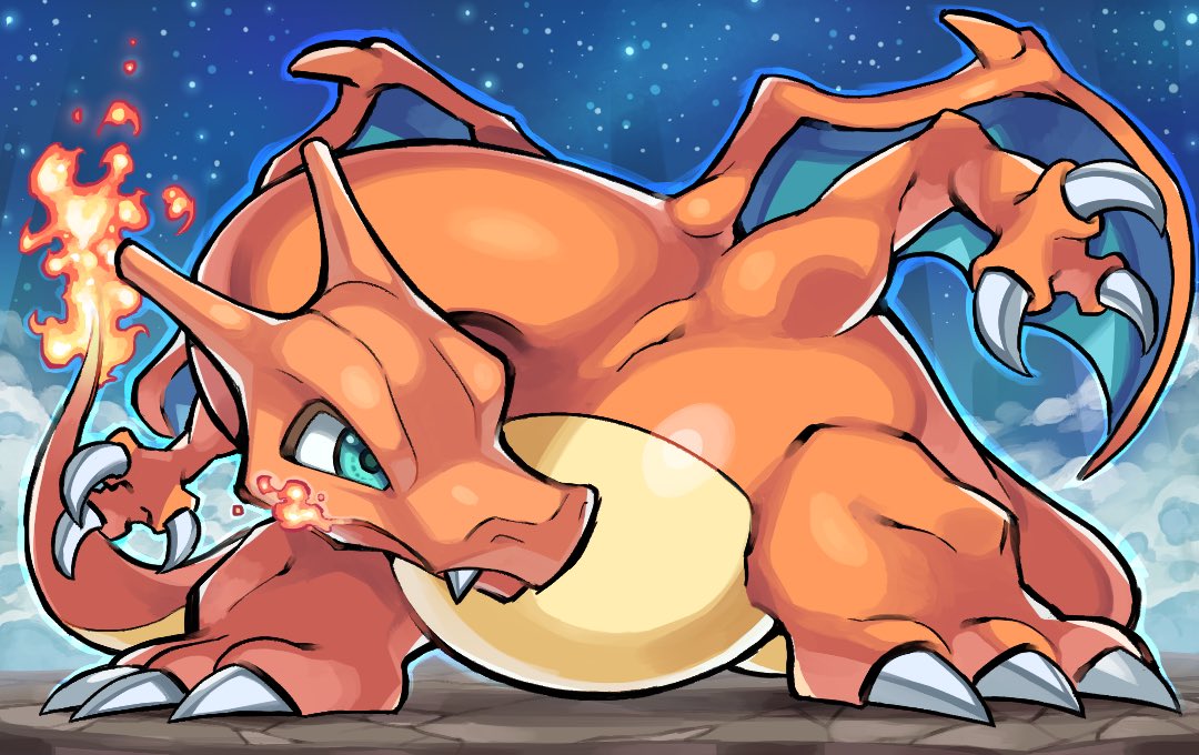 charizard no humans pokemon (creature) claws solo fire flame-tipped tail sky  illustration images