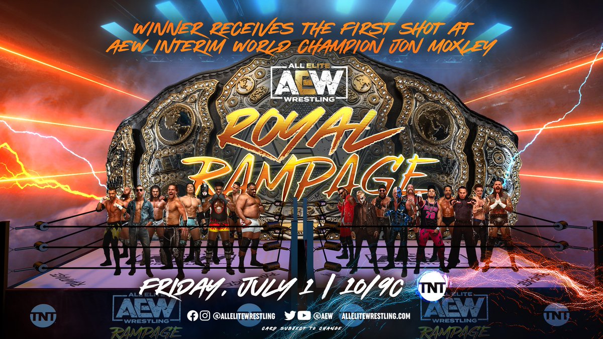 Don't miss the first ever #AEWRoyalRampage: 20 men competing for the first shot at #AEW Interim World Champion @JonMoxley, kicking off TOMORROW's #AEWRampage at 10pm ET/9pm CT/10pm PT on @tntdrama!