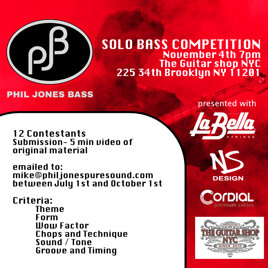 philjonesbass's tweet photo. GET YOUR GROOVES IN TO US NOW!
2022 PJB SOLO BASS COMPETITION
November 4th, 2022 -  7pm
at The Guitar Shop NYC

12 Contestants 
Submission- 5 min video of 
original material 

emailed to:
mike@philjonespuresound.com
between July 1st and October 1st https://t.co/ptlVyEurYc