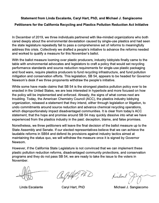 #plastics ballot petitioners say they will drop the ballot if state legislators adopt #SB54. They warn that the legislation could fail even if implemented. Here's their letter: