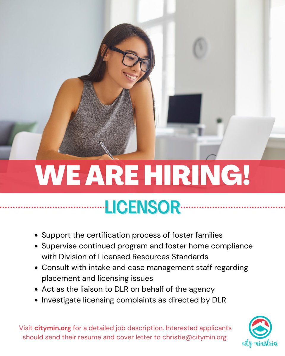 CMCPAFosterCare's tweet photo. Do you have a heart for foster children? 
Do you want to make a difference in the community? 
The licensor role may be great fit for you! Visit our website https://t.co/L9xCyaF81m for the full job description. 
To apply, e-mail your resume and cover letter to Christie@citymin.org https://t.co/VvCbODw61O
