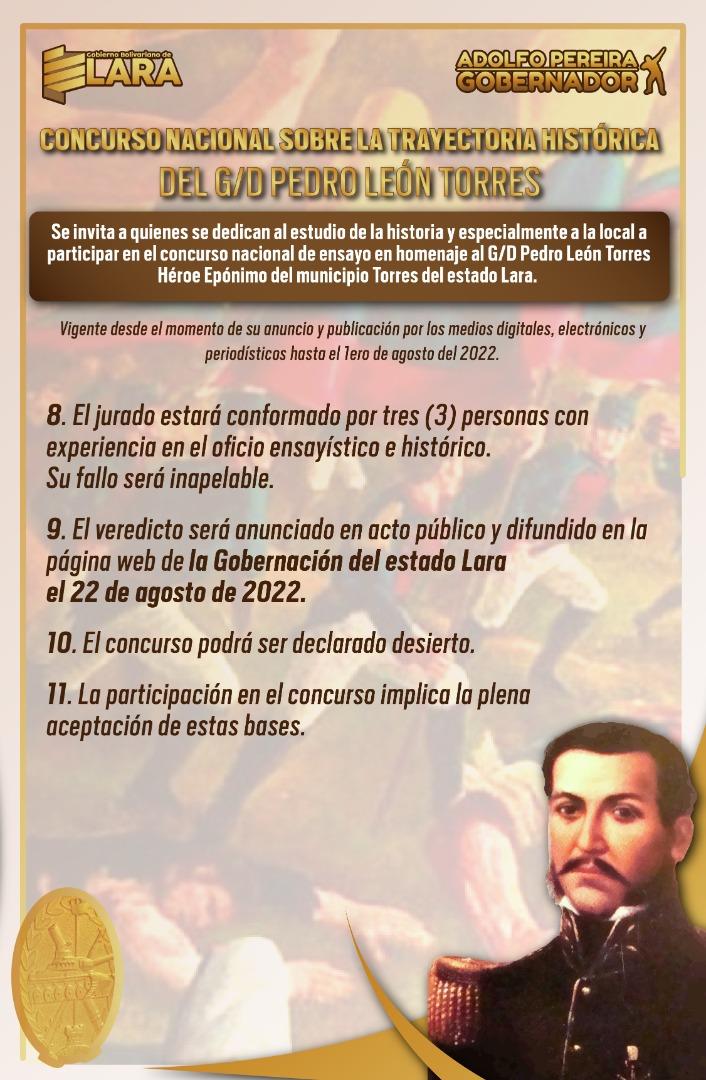 #29Jun  La Comisión Bicentenario del fallecimiento del prócer promueve el “Concurso Nacional Sobre la Trayectoria Histórica del G/D Pedro León Torres”. La convocatoria estará vigente hasta el #1Ago 

#NerviosDeAcero
