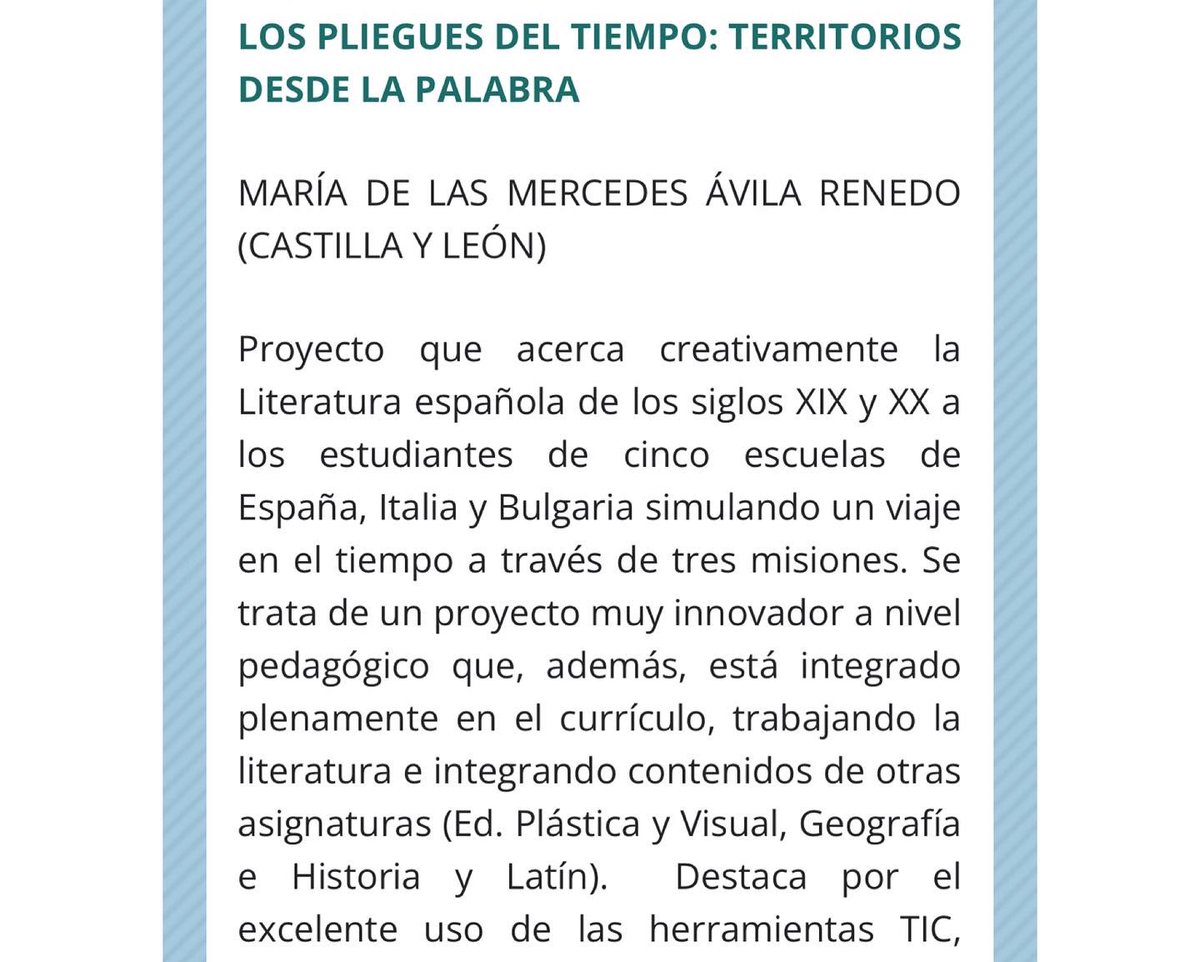 STeresaLeon's tweet image. ¡Estamos de celebración! &quot;Los Pliegues del Tiempo, Territorios de la Palabra&quot; es Premio Nacional eTwinning. Felicitamos a nuestra compañera Mercedes Ávila y a sus alumnos de 4º de ESO 20-21. 👉 etwinning.es/es/listado-de-… @sepiegob @CFIEdeLeon @eTwinningEurope @crfptic @eTwinning_es