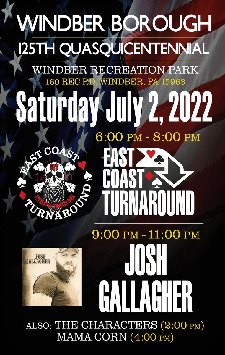 ectband's tweet photo. On Saturday (July 2) we return to #WindberPA for the Windber Borough 125th Quasquicentennial celebration along with The Characters, Mama Corn, and Josh Gallagher. We go on at 6 pm. https://t.co/B8kn1Vzyo4