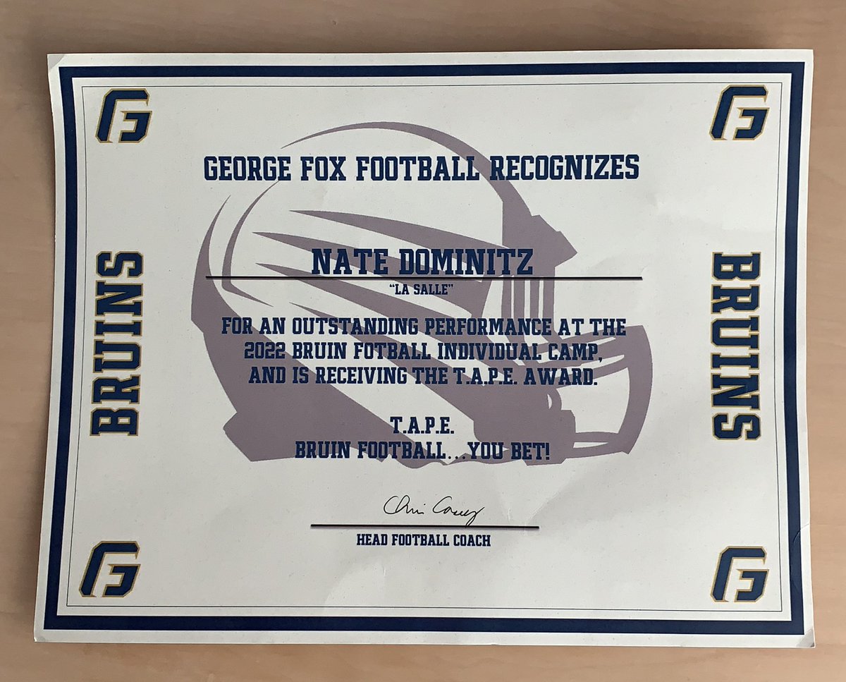 Had a great time at <a href="/GFUFootball/">GFU Bruin Football</a> team camp this past weekend! Thank you to all the coaches for a great camp. I’m really excited to have won the T.A.P.E. award: