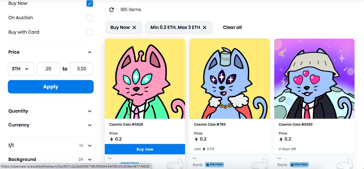 LowkyNft's tweet photo. @CosmicCats_ 
-.1 Floor (cheap asf)
-328 listed (less than 4% of all cats)
-152 listed to get to .2Eth floor
-185 listed from .2Eth to 3Eth floor
@Cosmicverse_  incoming in 17 days!
-3 Cats = Free planet
-2 Cats = Free mutation without burning
Check them out.. you wont regret! https://t.co/idA6Q4cSs9