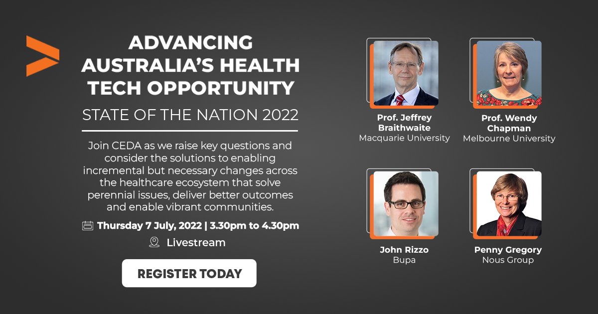 Sharon Braun (@ushi_braun) on Twitter photo Heading into State of the Nation 2022 we consider the critical choices required to advance our health tech opportunity. Join the conversation <a href="/ceda_news/">CEDA</a> with <a href="/UniMelb/">University of Melbourne</a>'s Wendy Chapman, <a href="/JBraithwaite1/">Jeffrey Braithwaite</a>, <a href="/Bupa/">Bupa</a>'s John Rizzo and <a href="/NousGroup/">Nous Group | A bigger idea of success</a>'s Penny Gregory
portal.ceda.com.au/event/event-ov… Heading into State of the Nation 2022 we consider the critical choices required to advance our health tech opportunity. Join the conversation <a href="/ceda_news/">CEDA</a> with <a href="/UniMelb/">University of Melbourne</a>'s Wendy Chapman, <a href="/JBraithwaite1/">Jeffrey Braithwaite</a>, <a href="/Bupa/">Bupa</a>'s John Rizzo and <a href="/NousGroup/">Nous Group | A bigger idea of success</a>'s Penny Gregory
portal.ceda.com.au/event/event-ov…