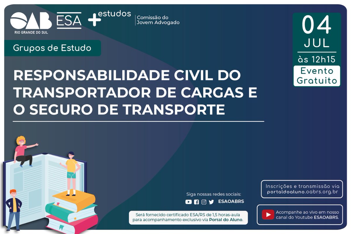 A ESA/RS, em parceria com o Grupo de Estudos de Direito de Seguros, promove o evento “Responsabilidade Civil do Transportador de Cargas e o Seguro de Transporte”. Confira em: bit.ly/3noSEXZ