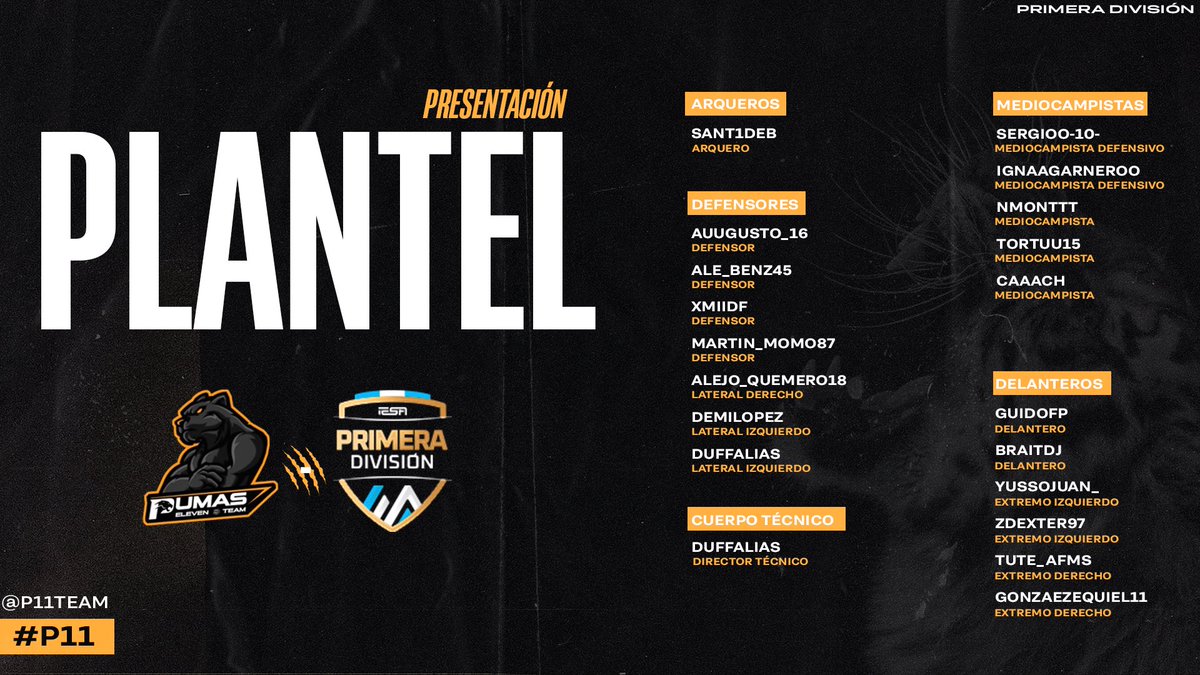 Pumas Eleven (@p11team) on Twitter photo Presentamos el plantel que vestirá los colores del club en la Superliga de <a href="/IESAFIFAar/">IESA Argentina</a> por primera vez en nuestra historia 😍 Presentamos el plantel que vestirá los colores del club en la Superliga de <a href="/IESAFIFAar/">IESA Argentina</a> por primera vez en nuestra historia 😍