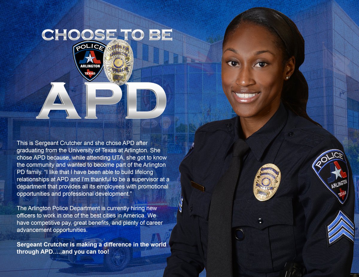 ArlingtonPD's tweet photo. CHOOSE TO BE APD: There is still time to apply for our July academy.
Sergeant Crutcher wasn't from Arlington but got here as soon as she could. She graduated from @utarlington and decided to make Arlington her new home.
#NowHiring #ChooseToBeAPD https://t.co/IMdiv4rY66