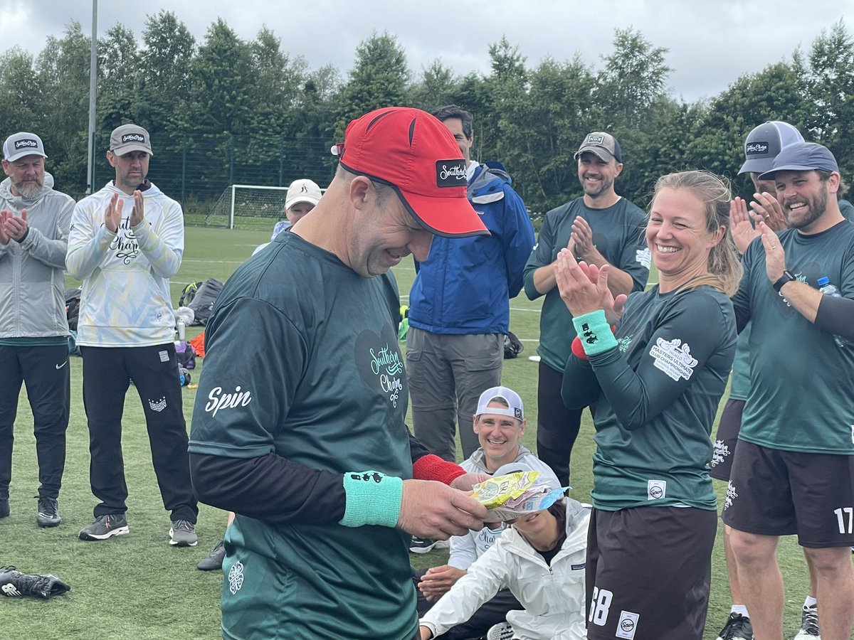SoCharmUltimate's tweet photo. After game, each team had spirit game. Big Fish, Little Fish let us pick 2 of our players to play their game. Bel &amp; Jon were selected &amp; they each wanted the box w big fish. Jon won without truly understanding the game. Prize? Some gummy fish &amp; some fishy potato chips. #wmucc2022 https://t.co/TP85foMMDR