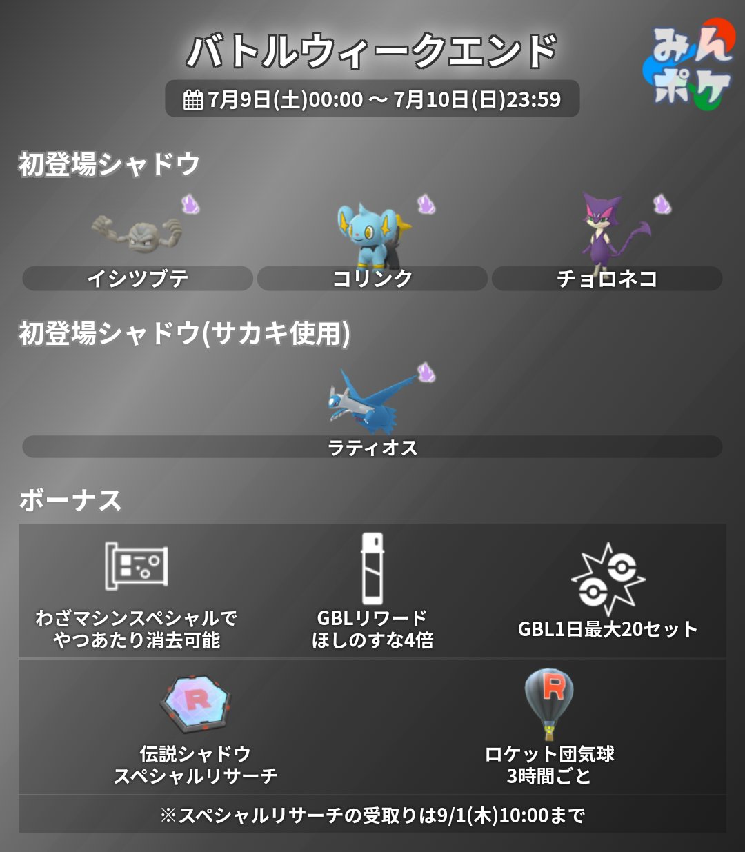 ポケモンgo攻略 みんポケ バトルウィークエンドの詳細をまとめました 開催期間 7月9日 土 00 00 7月10日 日 23 59 複数のシャドウポケモン初登場 シャドウラティオス初登場 やつあたり消去可能 ロケット団気球3時間ごと Gblリワードほしのす