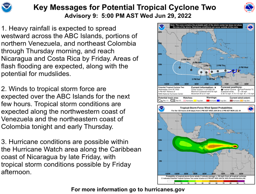 Here are the 5PM AST 29 June Key Messages for Potential Tropical Cyclone Two (#PTC2). 

Latest Advisory: hurricanes.gov/#Two