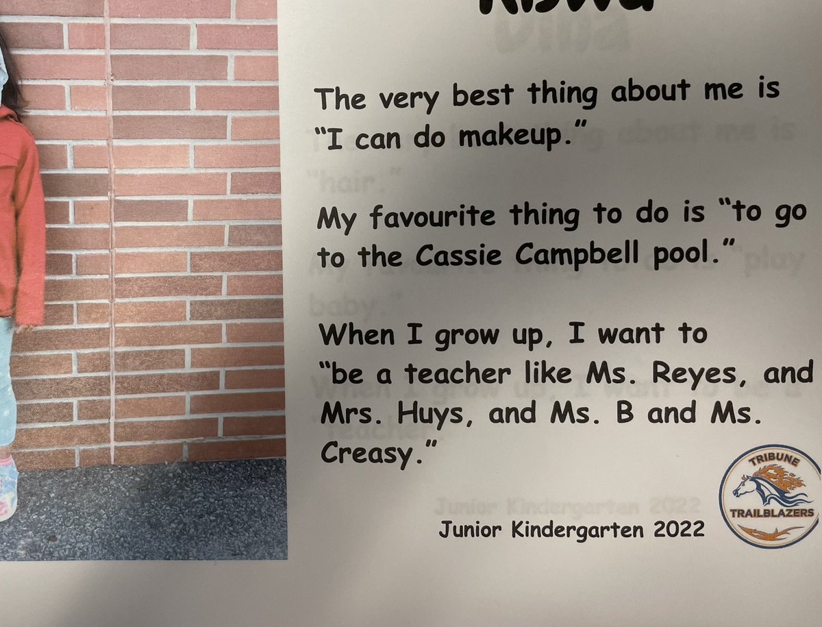 When one of our Kindies shares that she’d “like to be a teacher like <a href="/MsReyes1586/">Andrea💕</a>, Mrs. Huys, <a href="/BroderickJenn/">Jenn Broderick</a> and @CreasyMs” <a href="/TribuneDrive/">Tribune Drive P.S.</a> <a href="/PeelSchools/">Peel District School Board</a> your heart swells and you’re thankful for such a fabulous educator team. #Teachingismagical