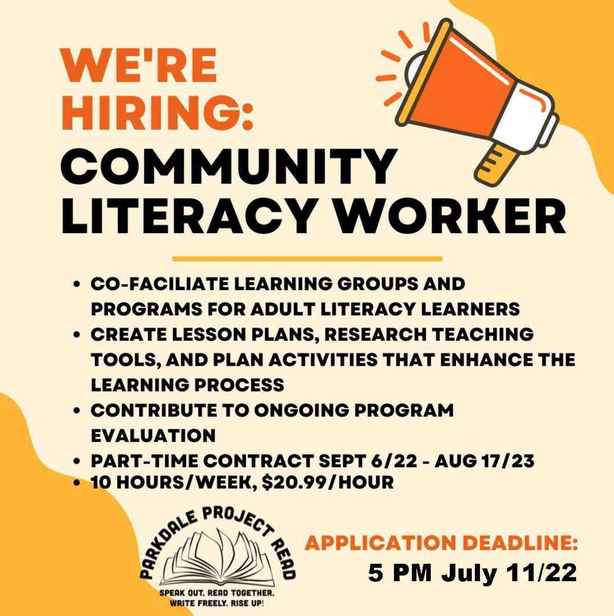 ParkdaleRead's tweet photo. DEADLINE EXTENDED! PPR is hiring a Community Literacy Worker. Please submit your cover letter and resume by 5:00pm on July 11th to apply. For more details, visit our website: https://t.co/1fuRaiZYjt

#Hiring #Parkdale #ParkdaleLove #Toronto https://t.co/CoSmPhfpyF