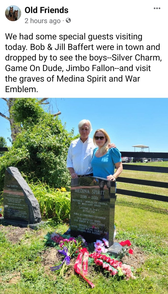 Jill and #BobBaffert visited #MedinaSpirit's gravesite at <a href="/Oldfriendsfarm/">Old Friends</a>. 🙏🏽