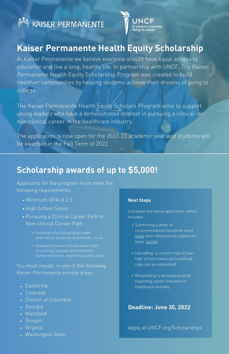 UNCF's tweet photo. In partnership w/ #UNCF, The Kaiser Permanente Health Equity Scholarship Program was created to build healthier communities by helping students achieve their dreams of going to college. (Awards up to $5,000)‼️

🗓️Application closes soon: 6/30

Apply today! https://t.co/birv8BmnSz https://t.co/ilkLtWIoo2