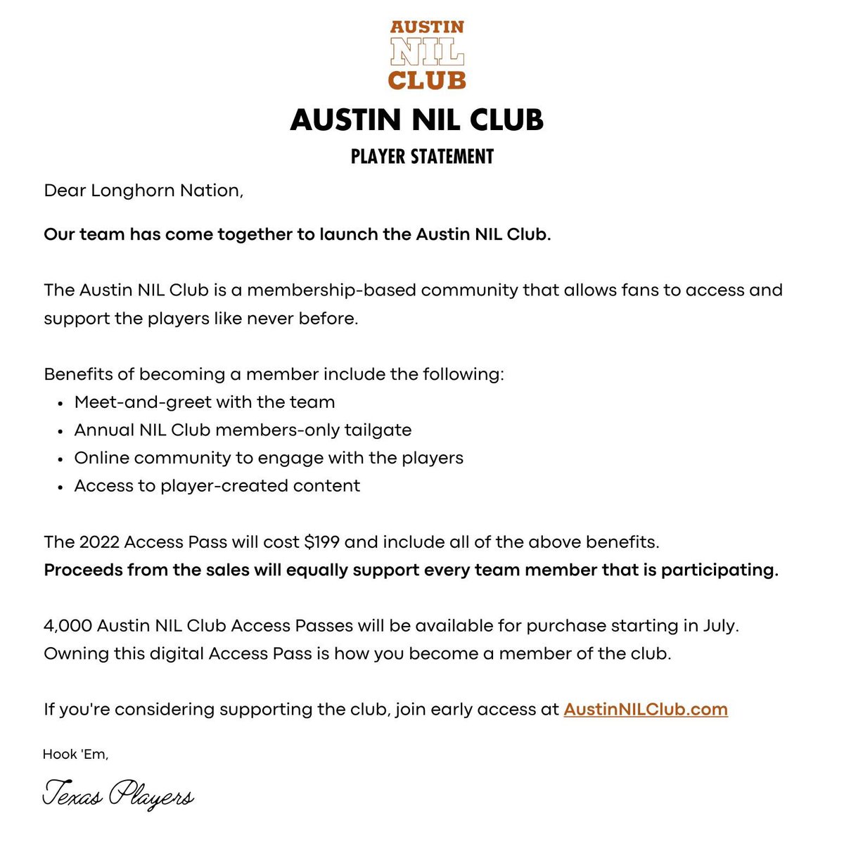 To all our fans, let’s do something special 🤘 @AustinNILClub #HookEm
