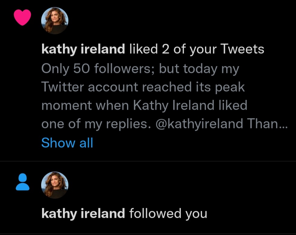 RetroGazz's tweet photo. Ok. It's game over. Doesn't get any better then when @KathyIreland follows a small account back. Dropping the mic and asking my wife if I can hang a poster back up. She will say yes, because she's cool like that. Thank you Kathy. #Liked2Tweets #Follower #SuperCEO #KathyIreland https://t.co/IW2r3zoTXP