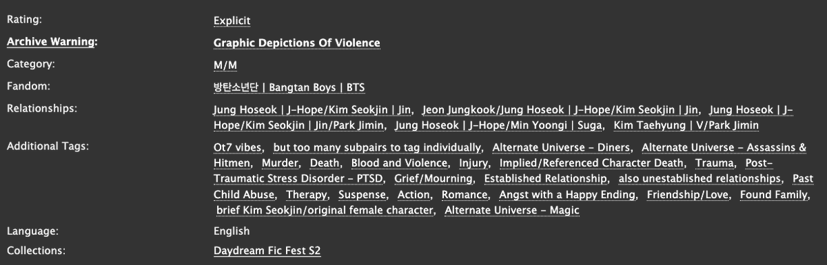 🔞🖤🔪 Hands On 🔪🖤
🖤 hobi centric ot7
🖤 (see tags for ships w/ most focus)
🖤 rated e - ongoing
🖤 assassins, magic, diner au
🖤 grief, romance, violence
🖤 for <a href="/daydreamficfest/">HOSEOK FANTASY FEST !</a> 
🔞 links below!