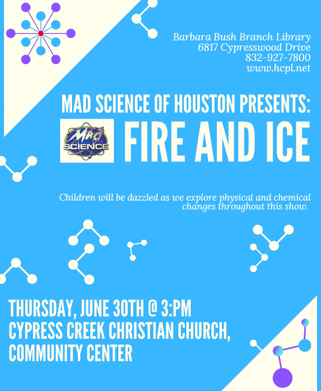 barbarabushlib's tweet photo. Summer #STEM show! @MadScience presents Fire and Ice: Physical and Chemical Reactions!
Thursday, June 30 @ 3pm in the Community Center across from the library entrance.
.
#srp22 #HarrisCountyPL #HCPLSRP22 #family #STEMshow https://t.co/ACWiyiseSI