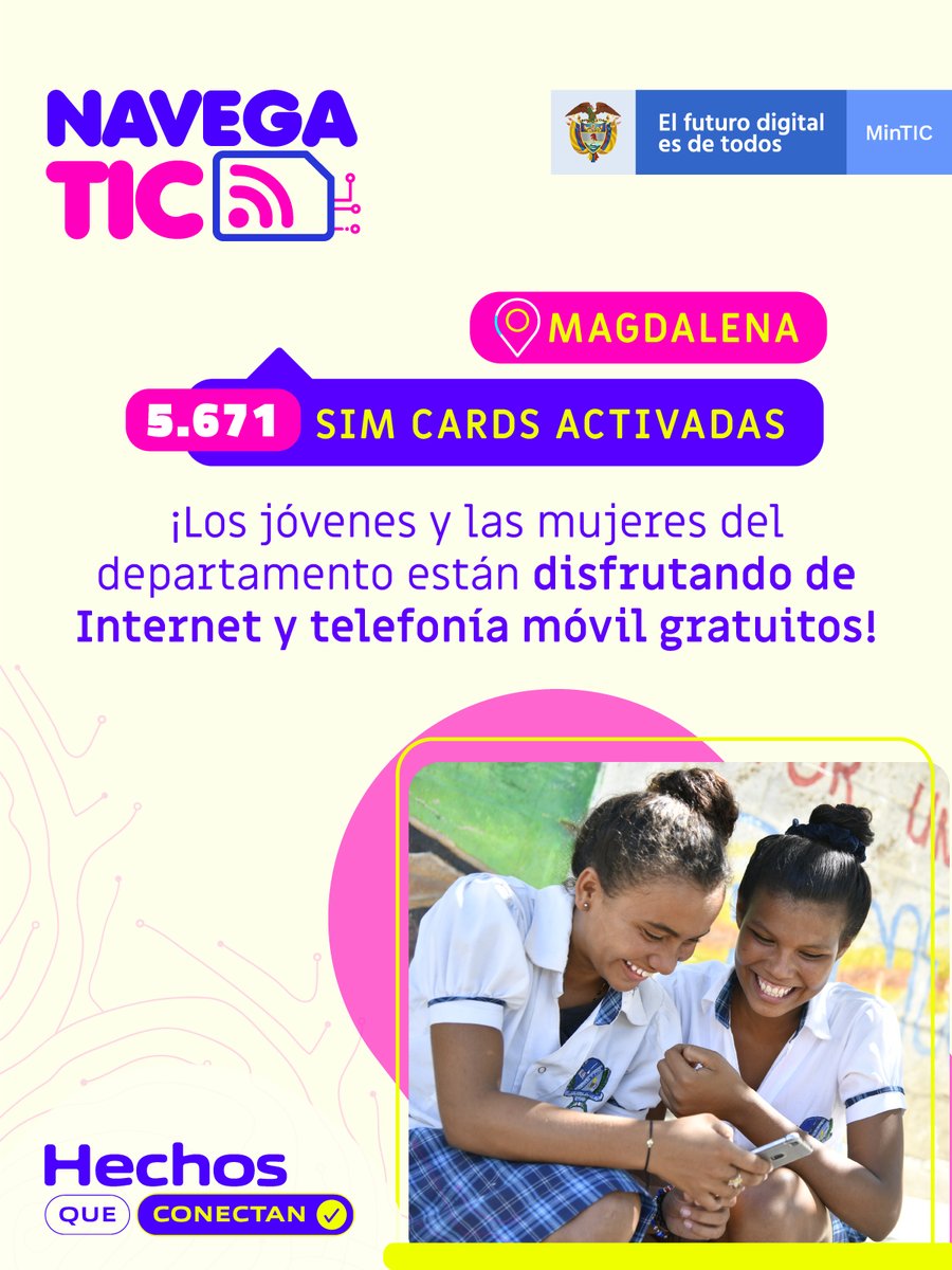 Ministerio_TIC's tweet photo. ¡#EsConHechos y en equipo que estamos cerrando la brecha digital en el país!
En #MagdalenaConectado 5.391 estudiantes🧑💻 y 280 mujeres emprendedoras👩 se beneficiaron con SIM Cards📲 para acceder a educación, información, capacitaciones y ofertas laborales. https://t.co/X8fA29p8tI