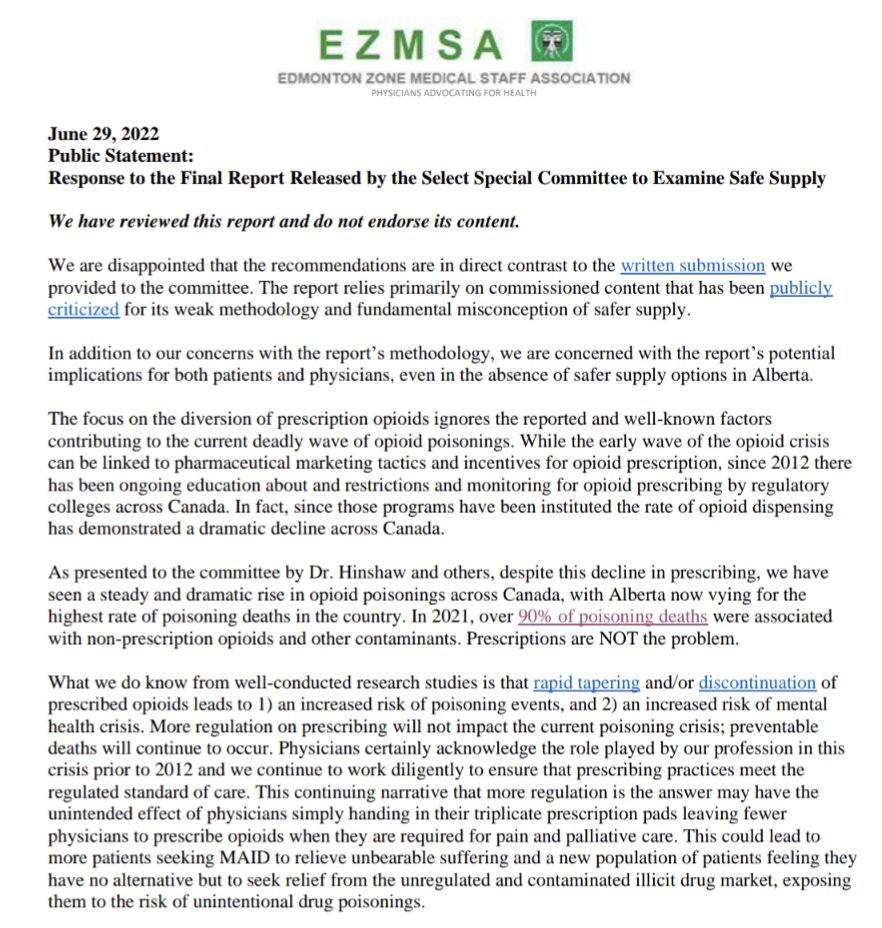 Public Statement 
Safe Supply Committee Final Report assembly.ab.ca/docs/default-s…

We do not endorse this report.

We are disappointed its recommendations directly contrast our written submission to the committee.

#ableg #abpoli #safesupply 

View here albertazmsa.com/ezmsa
 
1/2