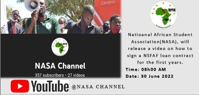 NASA_NAMIBIA's tweet photo. NASA Media team will upload a video on official NASA YouTube channel at 8 am today on how to sign a NSFAF LOAN contract for 2022 NSFAF loan applicants.

Please don't forget to like, subscribe and comment on what video you want the media team to make next.

https://t.co/F3tlPETyc7 https://t.co/8biQRYI6DH