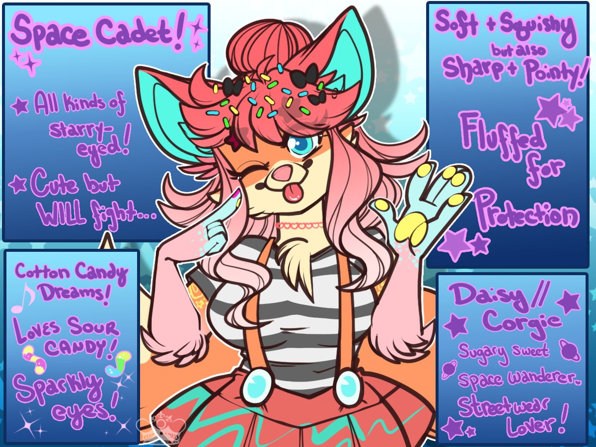 A piece for CorgiButt~! Just a fun loving gal~ 🍭🌌🛸

#furryart #digitalart #art #Corgi