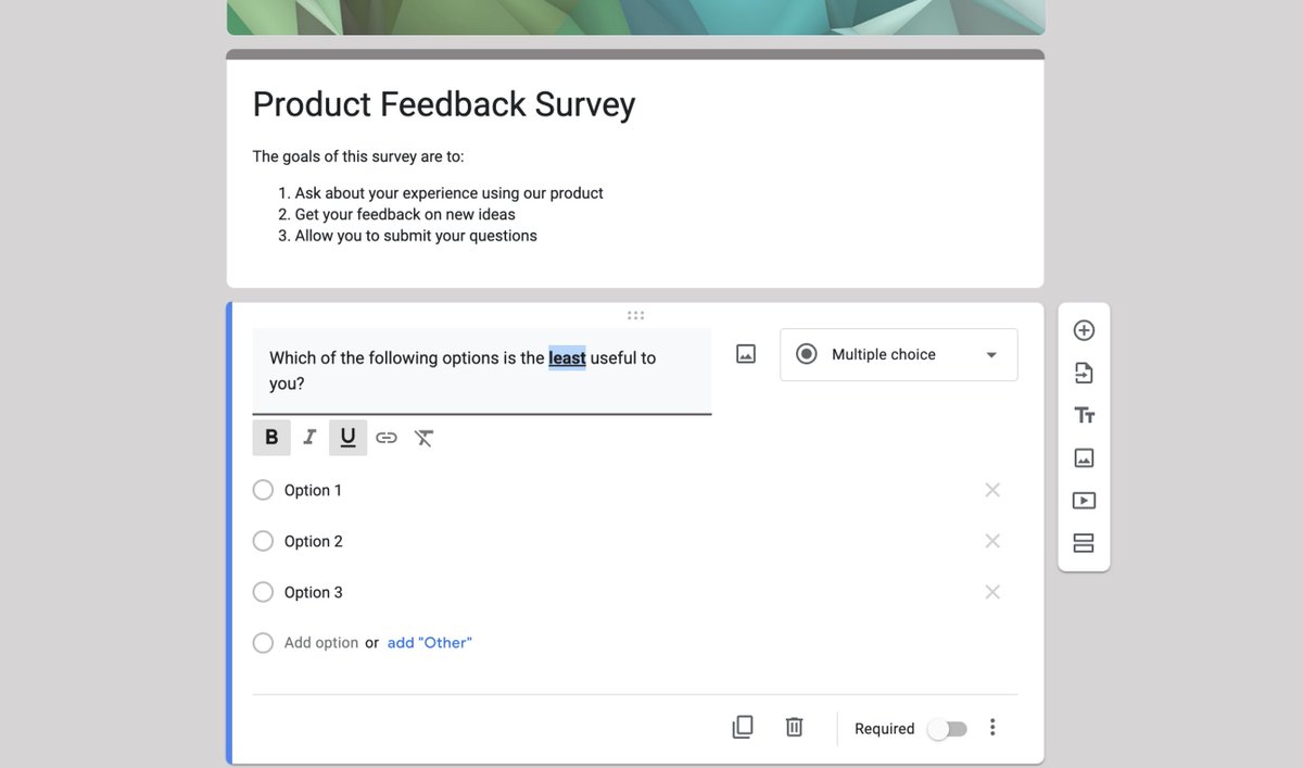 🆕 Google is adding another text customization feature to Google Forms! Rich text formatting is coming. We'll be able to bold, italic, underline, and list text in titles, question titles, and descriptions. #ISTELive #GoogleEdu

workspaceupdates.googleblog.com/2022/06/rich-t…