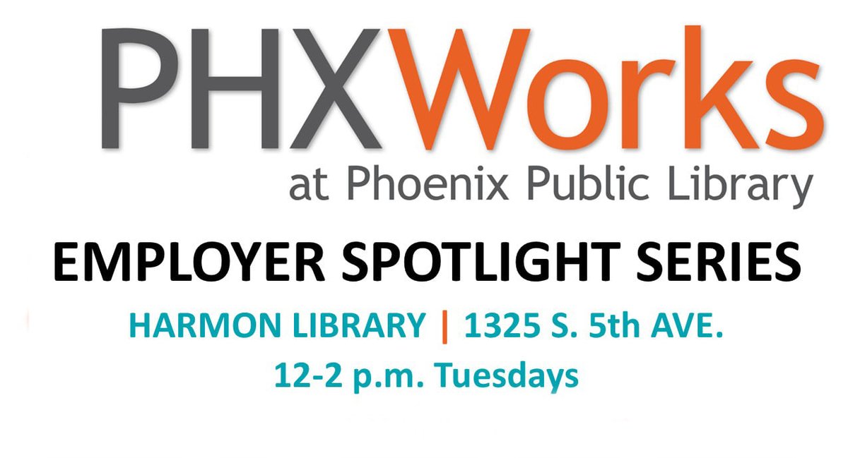 PhxLibrary's tweet photo. Looking for work? π Drop by the Employer Spotlight Series @ #HarmonLibrary Tuesdays 12-2 p.m. to meet featured employers. Meet w/prospective employers & learn about current job openings. Southwest Key Programs on 7/5. Bring your resume! https://t.co/PIpILYygHl #PHXWorks https://t.co/JC6xpTqsky