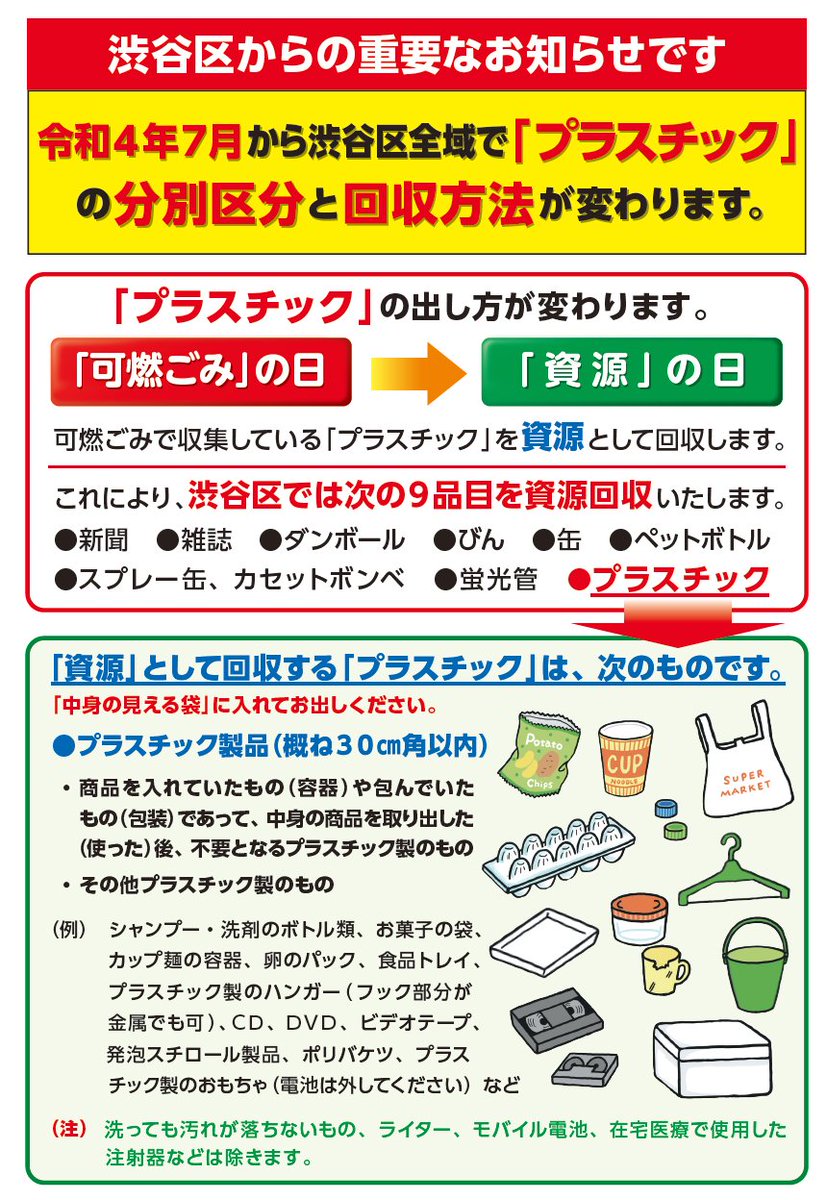 お知らせ】明日から区内全域で「プラスチック」の分別区分が「可燃ごみ