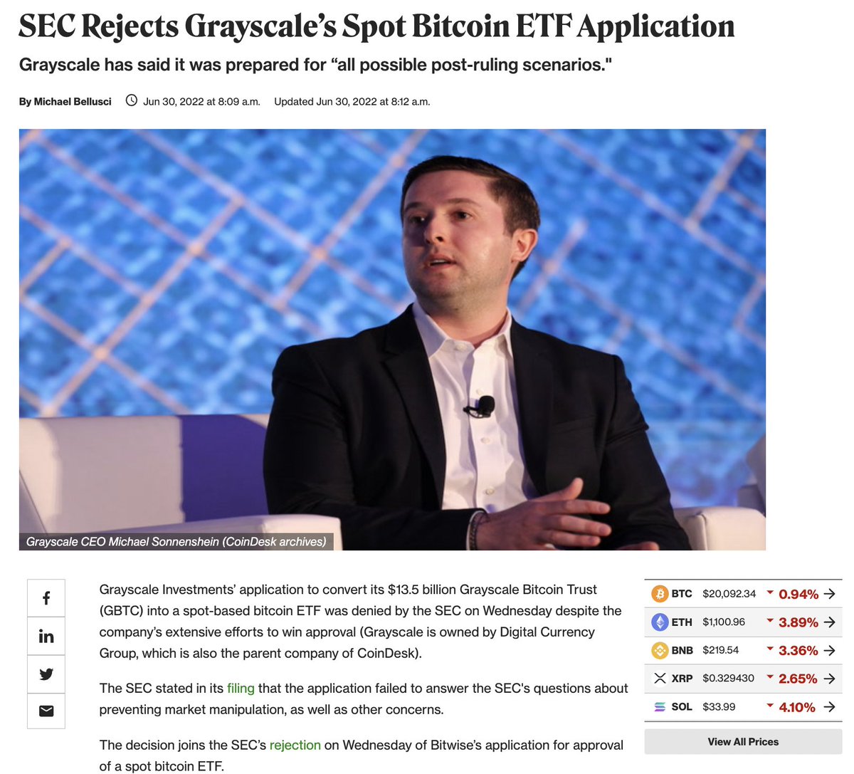 julianhosp's tweet photo. BREAKING!! SEC REJECTS BOTH #BITCOIN ETFs FROM BITWISE AND GRAYSCALE!! 
Note: This was expected and is actually bullish, as that way the $GBTC discount doesn't get sold off. https://t.co/OcsuS3niJV