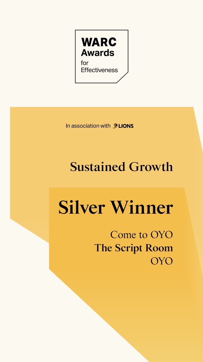 India won a couple of big awards at the @Cannes_Lions 2022. Meet WARC; the most prestigious marketing effectiveness awards globally.

From India, OYO was 1 of the only 2 brands who won, bagging a silver for Sustained Growth - lnkd.in/ds6ePJkd

#CannesLions2022 #WAFE2022