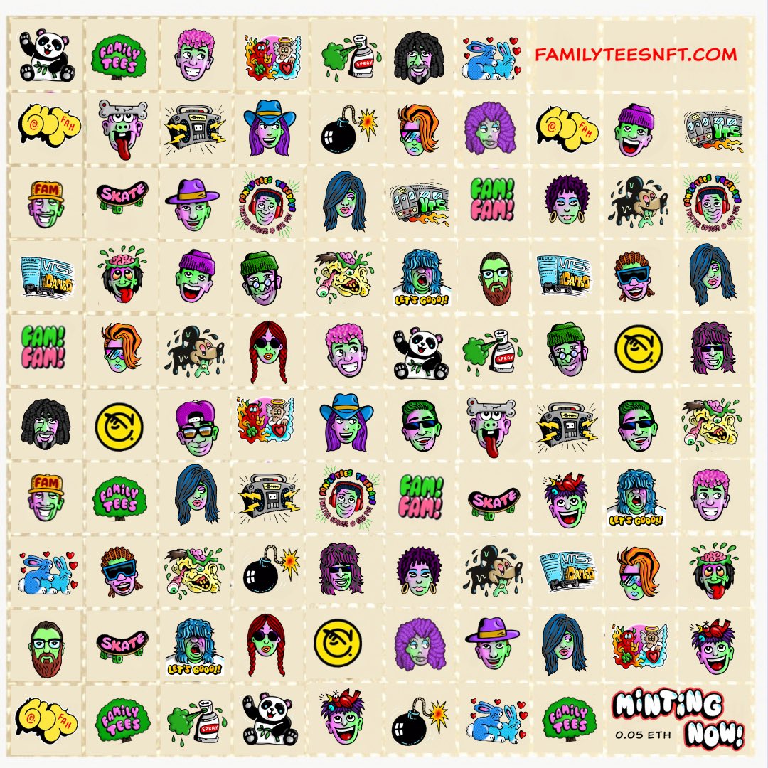 HUGE thanks to our good pal and contributing member of the #FamilyTeesNFT community <a href="/iconDon5/">iconDon</a> for this AWESOME visual showcasing a ton of our collection faces, t-shirt logos and Discord stickers!! Great job bro!! Thanks again!!!

discord.com/invite/Wk9Vbev…
familyteesnft.com