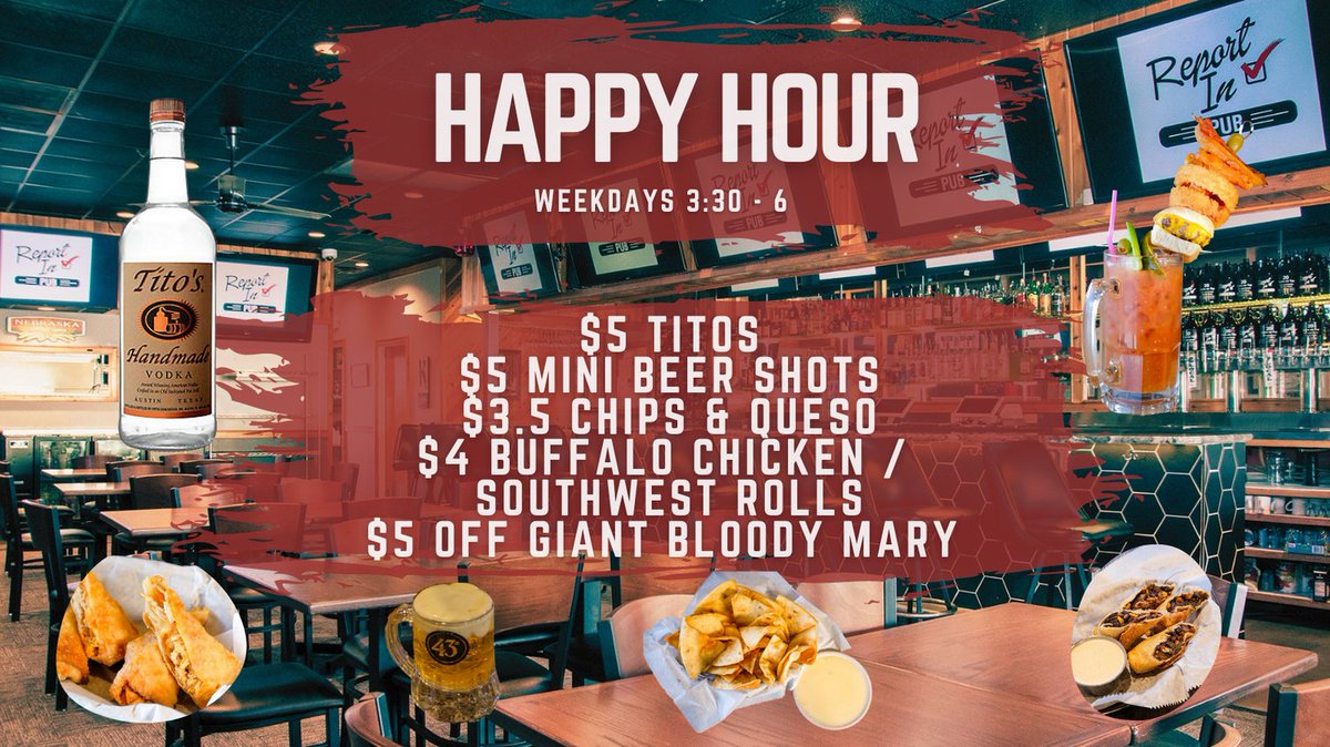 reportinpub's tweet photo. HAPPY HOUR SPECIALS
Weekdays 3:30-6
We are changing up our happy hour specials.  Come get the best happy hour food and drinks in town
$5 Titos
$5 Mini Beer Shots
$3.5 Chips &amp; Queso
$4 Buffalo Chicken / Southwest egg rolls
$5 Off Giant Bloody Mary
*Dine In Only https://t.co/WOmT0iKvyO