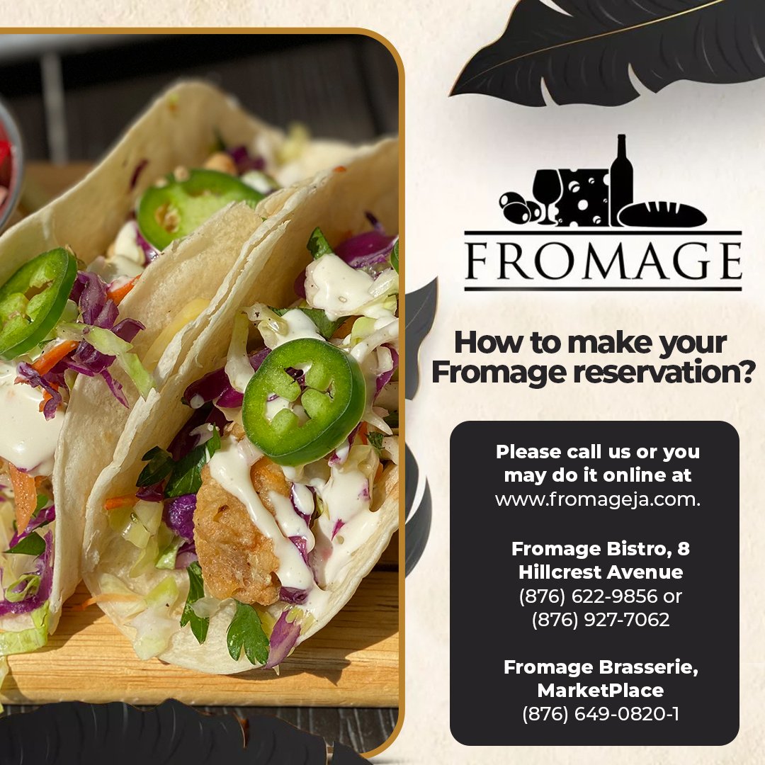 FromageGourmet's tweet photo. How to reserve your #FromageExperience?

Please call us (locations and numbers listed below), or you may do it online at https://t.co/ioGDLKK52z.

Fromage Bistro, 8 Hillcrest Avenue - (876) 622-9856 or (876) 927-7062

Fromage Brasserie, MarketPlace - (876) 649-0820-1 https://t.co/7ODUQFRdfX