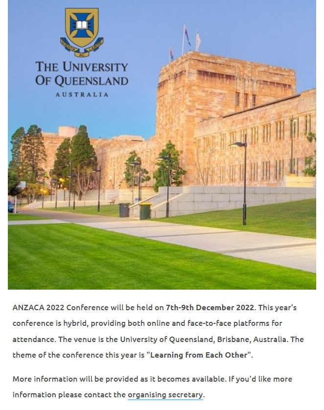 Australian & NZ Association of Clinical Anatomists (@anzaca_inc) on Twitter photo **** SAVE THE DATE *****
The ANZACA 2022 Conference will be held 7-9 December 2022 and will be HYBRID.
Thanks to our Conference Committee in Queensland including <a href="/MidwinterMJ/">mark midwinter</a> & <a href="/BabriAwais/">Awais Saleem Babri</a>.
#AnatomyConference #ANZACA2022 **** SAVE THE DATE *****
The ANZACA 2022 Conference will be held 7-9 December 2022 and will be HYBRID.
Thanks to our Conference Committee in Queensland including <a href="/MidwinterMJ/">mark midwinter</a> & <a href="/BabriAwais/">Awais Saleem Babri</a>.
#AnatomyConference #ANZACA2022