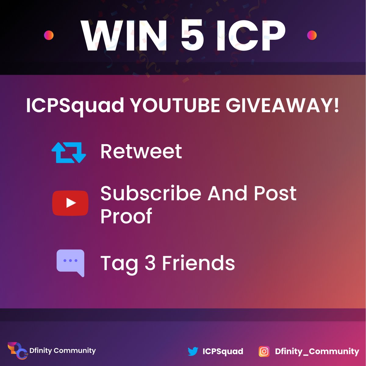 ICPSquad's tweet photo. 5 #ICP @ICPSquad YOUTUBE SUBSCRIBER GIVEAWAY!

To participate, all you have to do is:
✅ Retweet this
✅ Subscribe and post proof
https://t.co/WdhoM12E9X
✅ Tag 3 friends

Ends in 48 hrs!
#ICPSquad #Dfinity #InternetComputer #NFTGiveaway #NFTdrops https://t.co/b8nJZ3HjpU