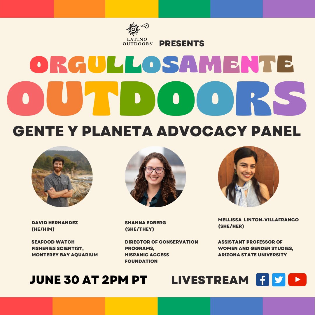 Join <a href="/LatinoOutdoors/">Latino Outdoors</a> for an Orgullosamente Outdoors advocacy panel all about “Gente y Planeta”. Tune in mañana a las 2pm PST in celebration of Pride 🏳️‍🌈! 
En vivo:
#OnHere
facebook.com/LatinoOutdoors
youtube.com/LatinoOutdoors