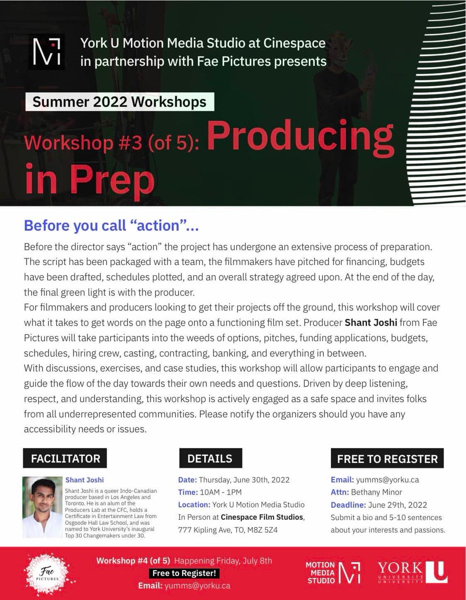 YorkMotion's tweet photo. Workshop #3 happens Thurs. June 30 at 10am #Cinespace Led by Shant Joshi @FaePictures 1 month away from PP on QUEEN TUT with LOTS to share! Don't miss it. Email: yumms@yorku.ca Join us. Free. Everyone welcome #YorkU #AMPD #YUMMS @BIPOCtvandfilm https://t.co/zl1YpAliT3
