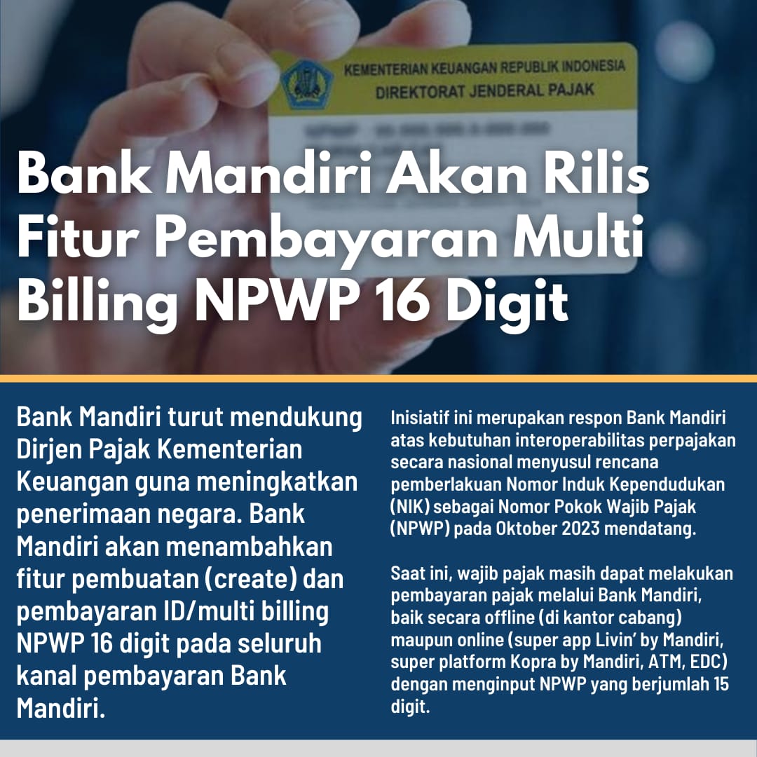 Direktur Utama Bank Mandiri, Darmawan Junaidi mengatakan, inisiatif ini merupakan respons perseroan atas kebutuhan interoperabilitas perpajakan secara nasional menyusul rencana pemberlakuan NIK sebagai NPWP pada Oktober 2023 mendatang. <a href="/WarHasNotEndYet/">🇮🇩🎛️🎶🎸🎼 Love Us Or Hate Us 🎼 🎸🎶🎛️🇮🇩</a>
kerjha.com/bank-mandiri-d…