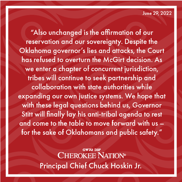 CherokeeNation's tweet photo. We hope that with these legal questions behind us, Governor Stitt will finally lay his anti-tribal agenda to rest and come to the table to move forward with us.

🔗 Read Chief @ChuckHoskin_Jr's full statement on the #SCOTUS decision in #CastroHuerta: https://t.co/TltdzKL7aW https://t.co/jDYeNIU8uc