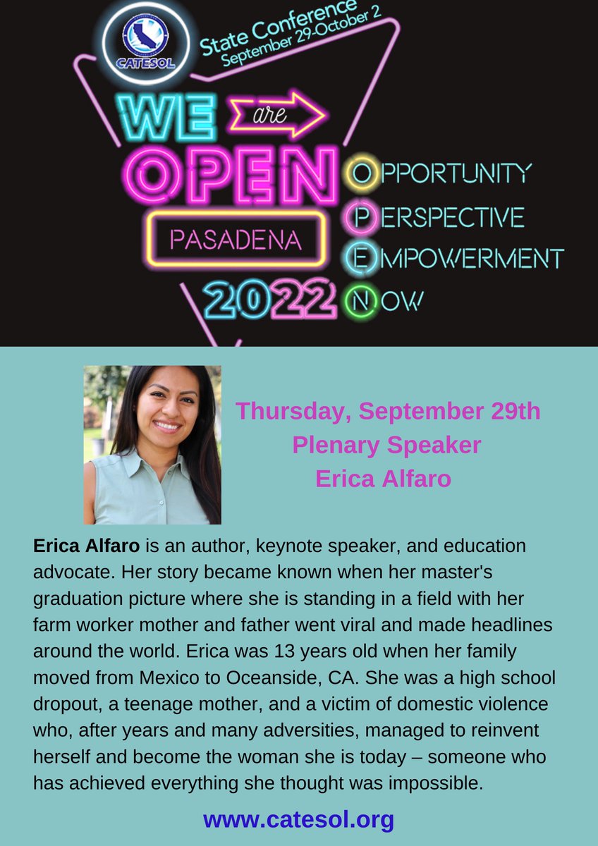 Attending the CATESOL 2022 State Conference, Sept. 29-Oct. 2? If so, check out the bio of the Thursday (September 29th) Plenary Speaker,  Erica Alfaro.  
alfaroerica.com/about-1
For conference info,go to:
catesol.org/2022_state_con…
Join us,
CATESOL Social Media
#catesol22