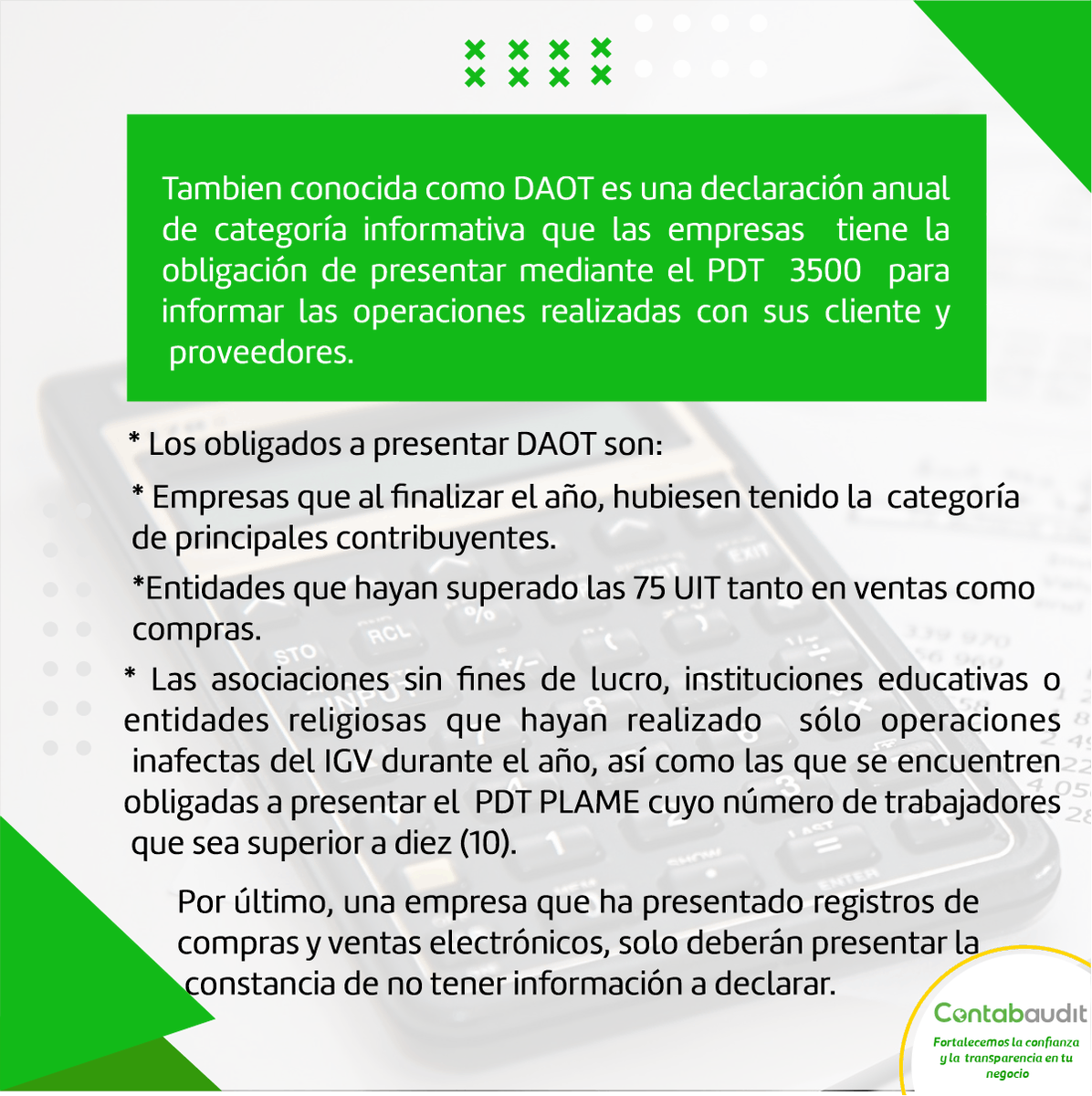 ContabauditPeru's tweet photo. #Contabaudit 💚 |¿Que es la declaración anual de operaciones con terceros? ..... 𝘌𝘯 𝘦𝘴𝘵𝘦 𝘱𝘰𝘴𝘵 𝘵𝘦 𝘭𝘰 𝘤𝘰𝘯𝘵𝘢𝘮𝘰𝘴.👇
#contabilidad #estudiocontable #DAOT #clientes #SUNAT https://t.co/Fa3iScGYXk