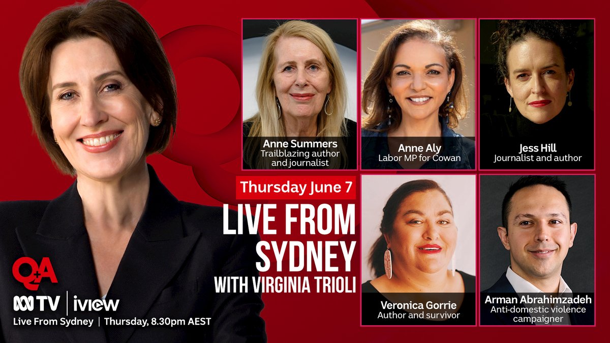 QandA's tweet photo. Reminder: #QandA is off-air tonight. Next week, we’ll look at a new study that reveals a devastating link between domestic violence and poverty. Anne Summers, Anne Aly, Jess Hill, Veronica Gorrie and Arman Abrahimzadeh join the panel. Submit a question: https://t.co/BOVpYtz08L https://t.co/CZMzPyY0C4